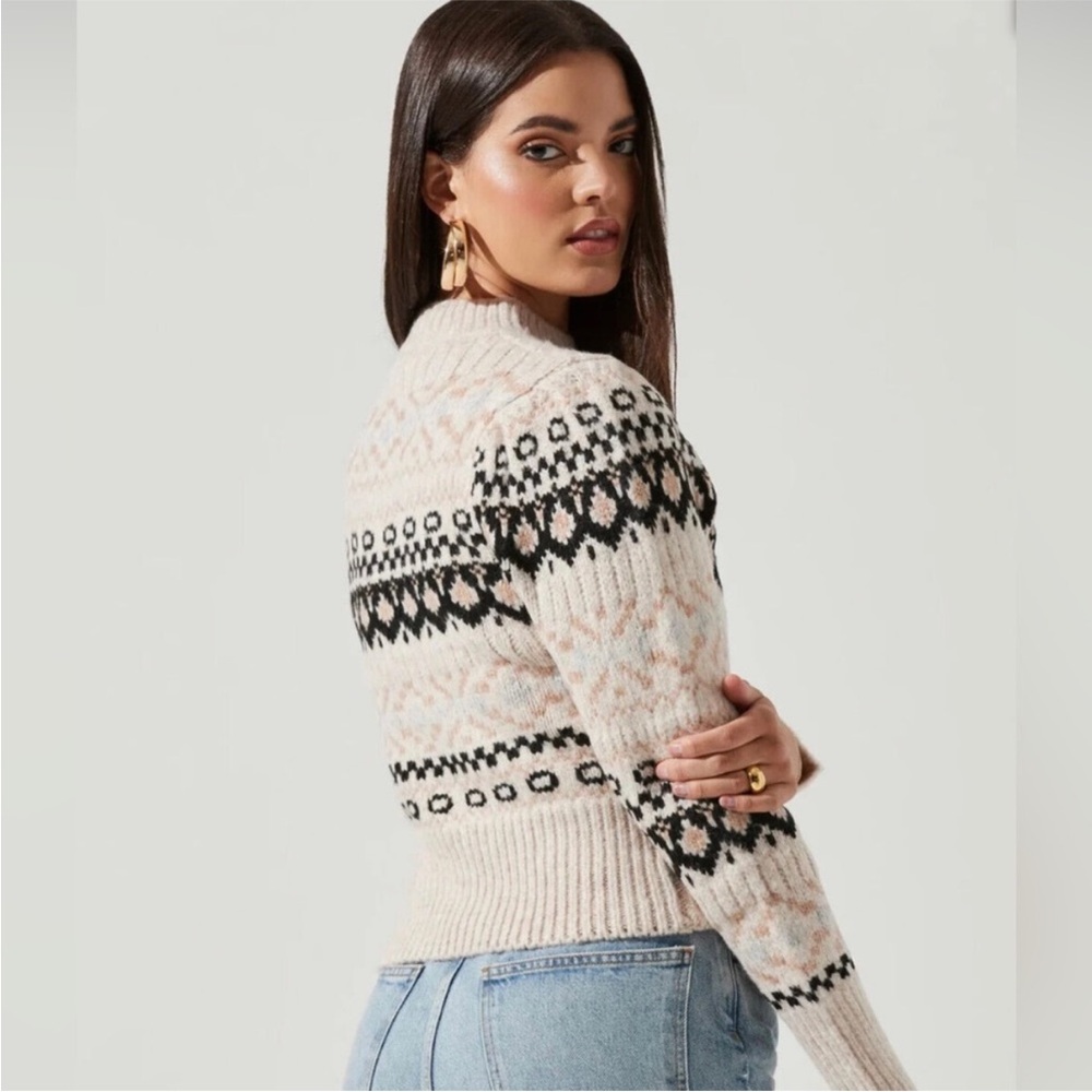 ASTR the Label Maria Mock Neck Fair Isle Knit Sweater - Ivory/Black - Medium - Picture 3 of 15